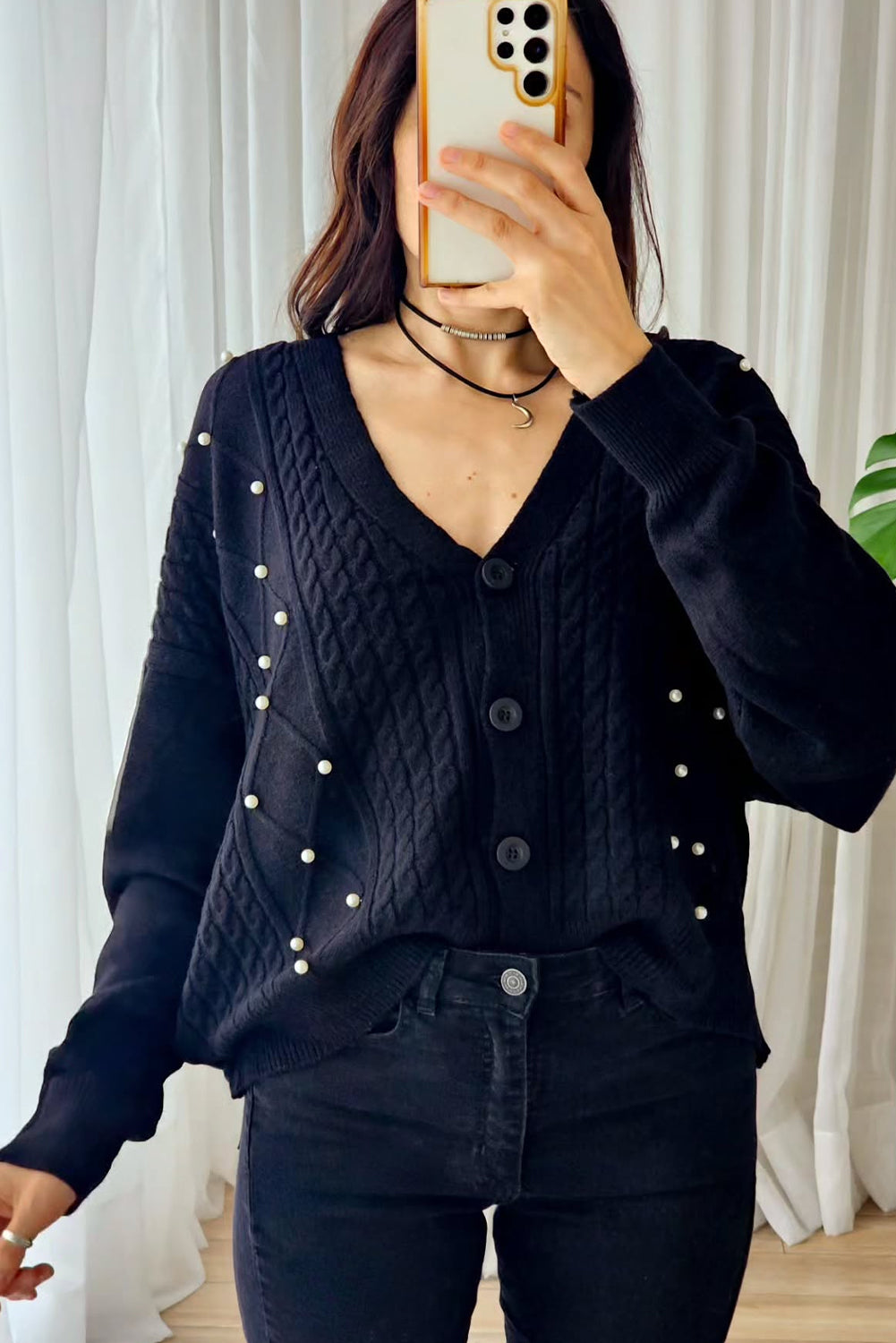 Navy Blue Cable Rhombus Knit Pearl Embellished Button V Neck Cardigan