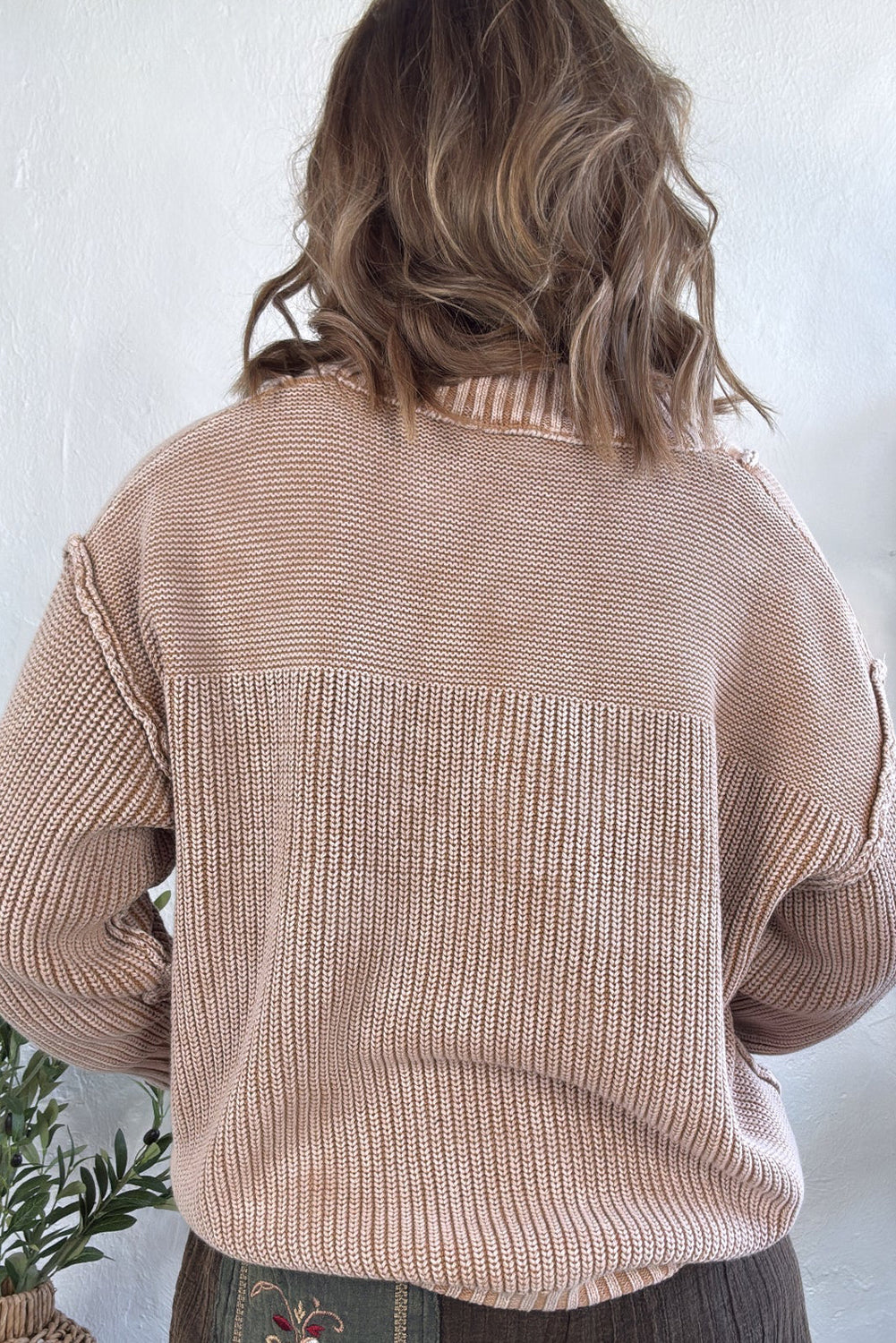 Parchment Solid Color Mix Texture Patchwork Button Neck Drop Shoulder Sweater