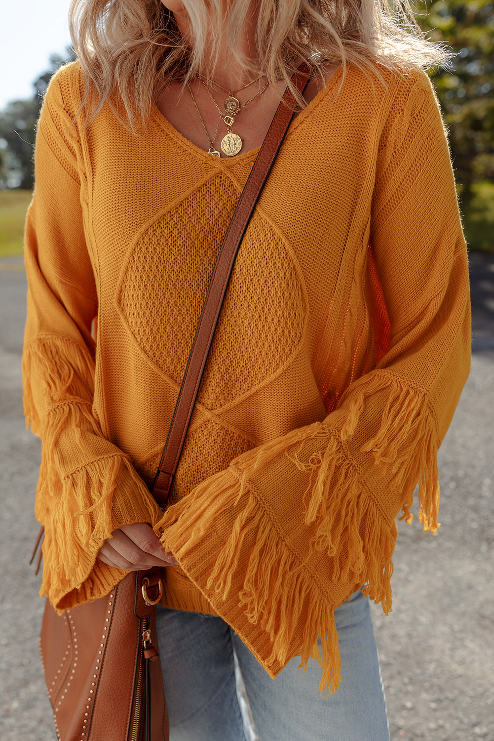 Jurassic Gold Pattern Knit Detail Fringe Trim Bell Sleeve Drop Shoulder Sweater