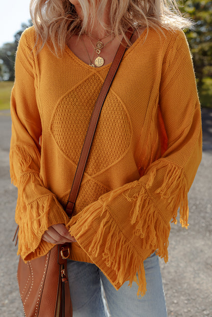 Jurassic Gold Pattern Knit Detail Fringe Trim Bell Sleeve Drop Shoulder Sweater