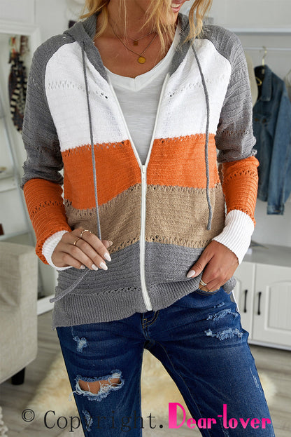 Gray Colorblock Knit Hoodie with Zipper Detail