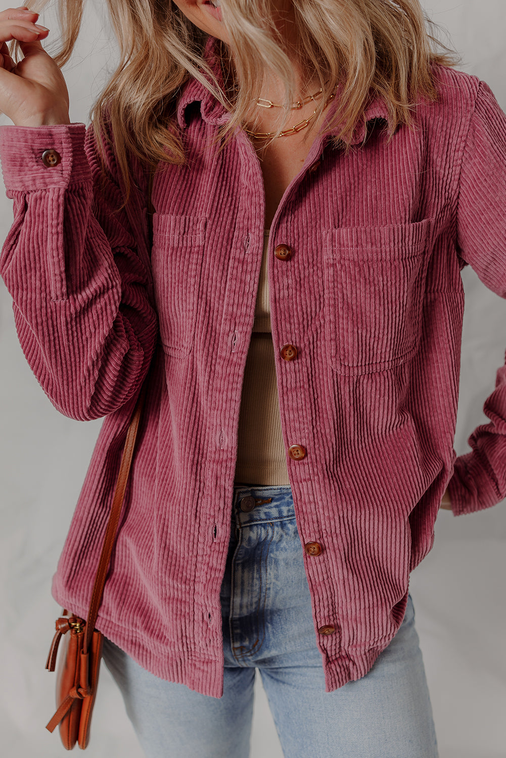 Pitaya Pink Double Patch Pocket Button Down Corduroy Shacket