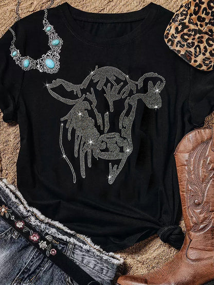 Glamorous Black Rhinestone Western Steer Head Graphic Tee