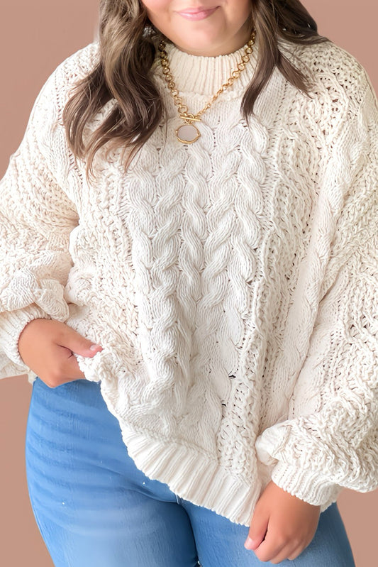 White Plus Size Cable Mix Texture Knit Drop Shoulder Baggy Sweater