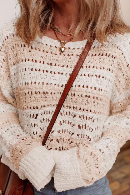 Pink Hollow-out Colorblock Drop Shoulder Casual Sweater