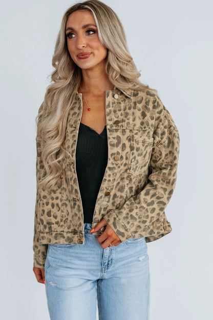 Khaki Retro Leopard Print Seam Detail Button Down Denim Jacket