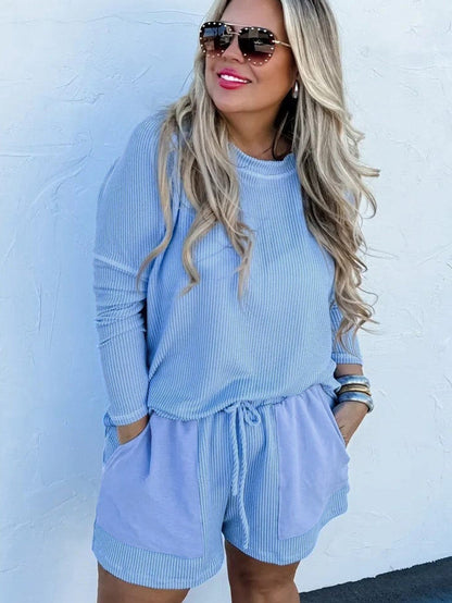 Light Blue Plus Size Ribbed Lounge Set with Long Sleeve Top and Drawstring Shorts