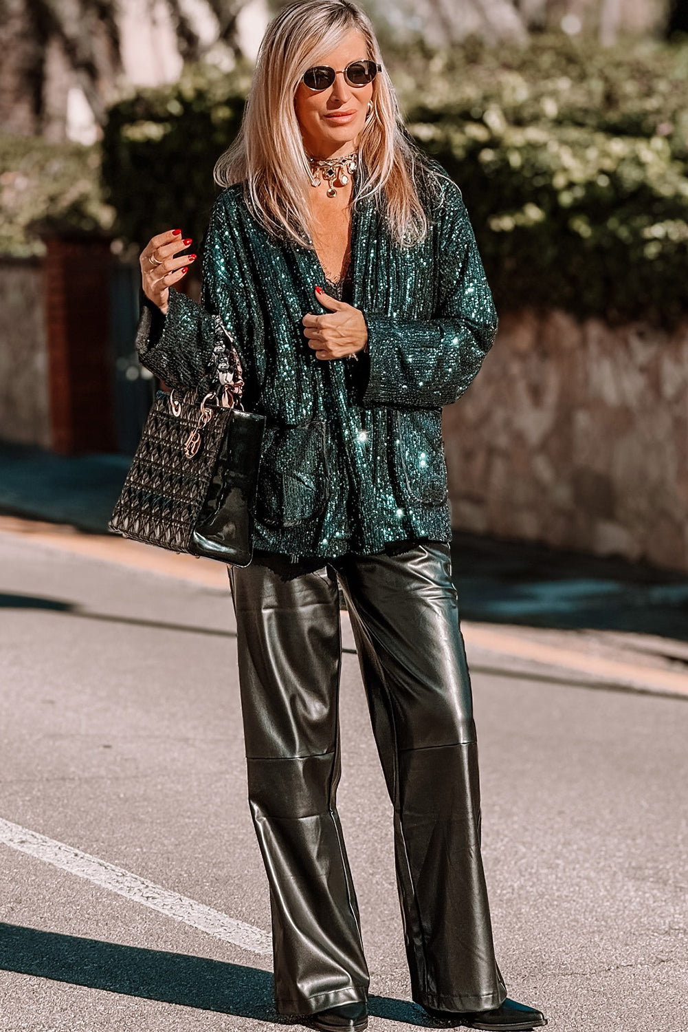 Evergreen Glitter Sequin Open Front Long Sleeve Top