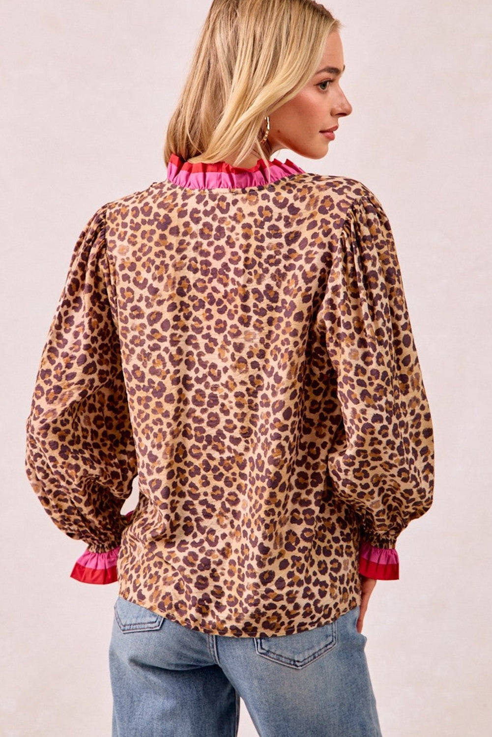Khaki Leopard Print Contrast Frilled Striped Trim V Neck Long Sleeve Blouse