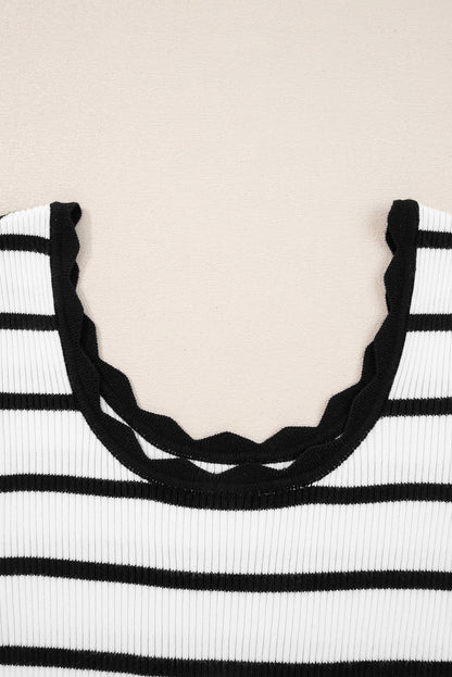 Black white Scalloped Trim U Neck Striped Ribbed Slim Sweater