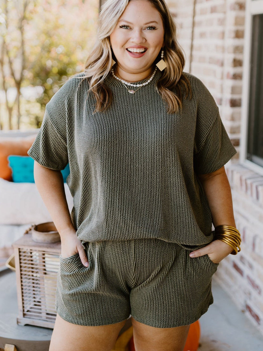 Moss Green Plus Size Rib Knit Short Sleeve Top and Shorts Set