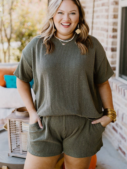 Moss Green Plus Size Rib Knit Short Sleeve Top and Shorts Set