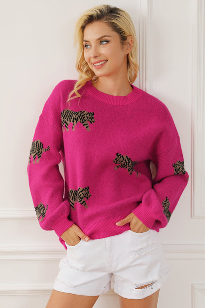Fierce Leopard Print Rose Red Knit Sweater for Casual Chic