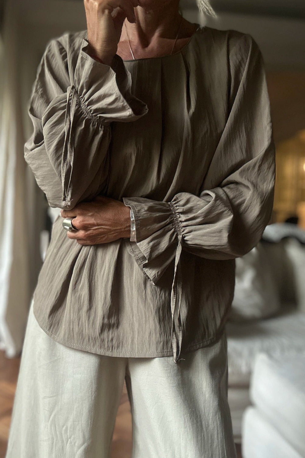 Laurel Green Pleated Round Neck Flounce Long Sleeve Blouse