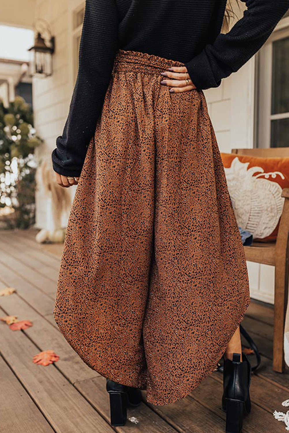 Brown Leopard High Rise Smocked Waistband Curved Hem Wide Leg Pants