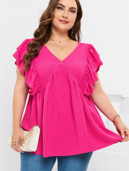 Pretty in Pink V-Neck Ruffle Tunic Top with Tie Back