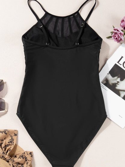 Elegant Black Mesh Detail One-Piece Swimsuit with Adjustable Straps