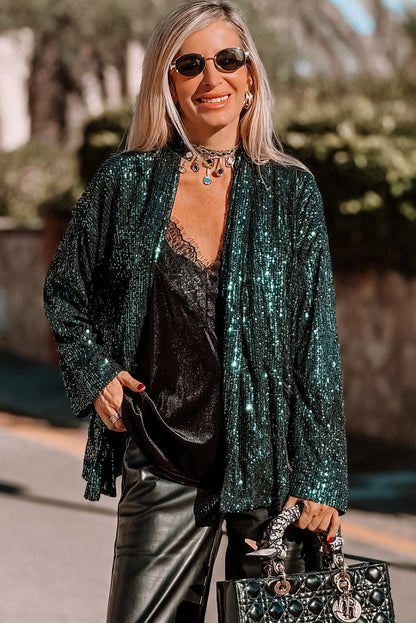 Evergreen Glitter Sequin Open Front Long Sleeve Top