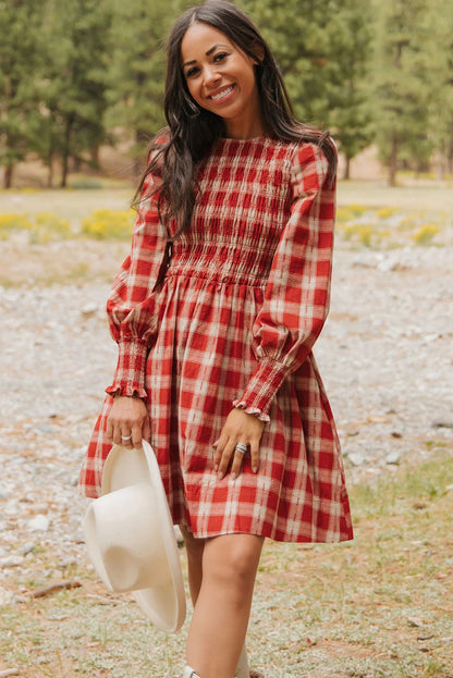 Red Plaid Print Long Sleeve Smocked Flared Mini Dress