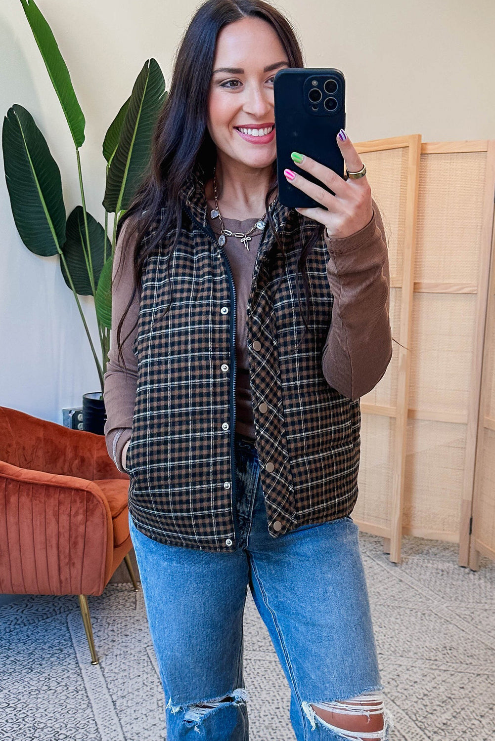 Green Retro Plaid Snap Button Zip Up Winter Vest