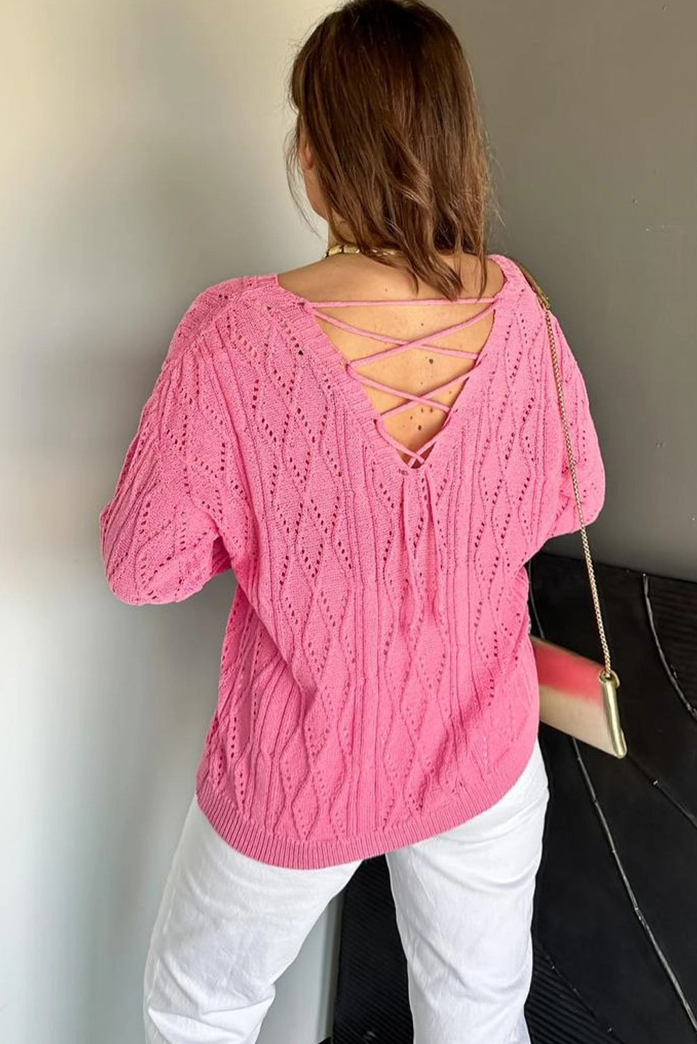 Sachet Pink Geometric Textured Crisscross Lace up Knit V Neck Sweater