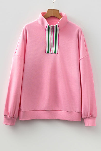 Sachet Pink Contrast Striped Patchwork Zip Collar Pullover Sweatshirt
