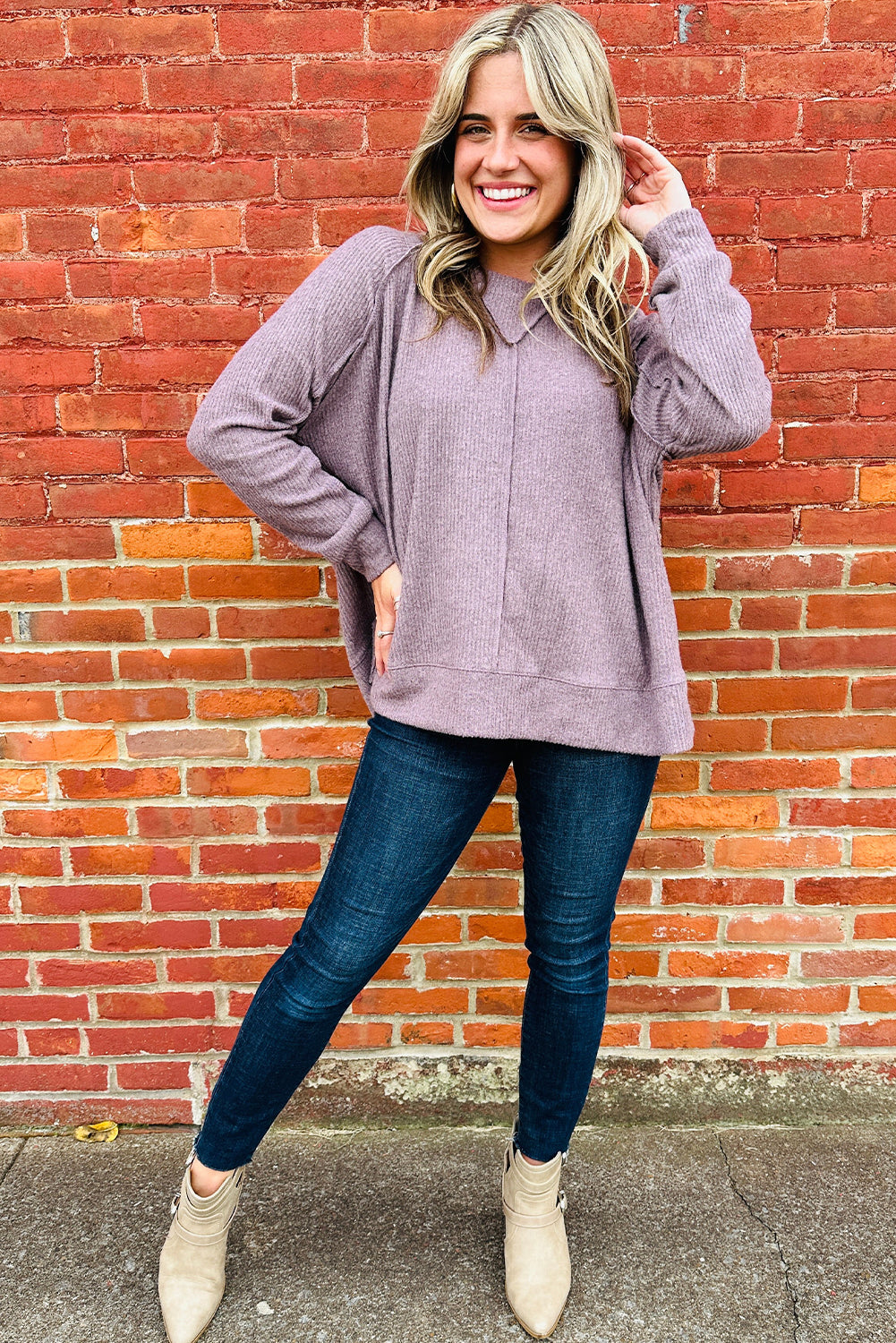 Orchid Petal Ribbed Knit Exposed Seam Detail Oversize Long Sleeve Top