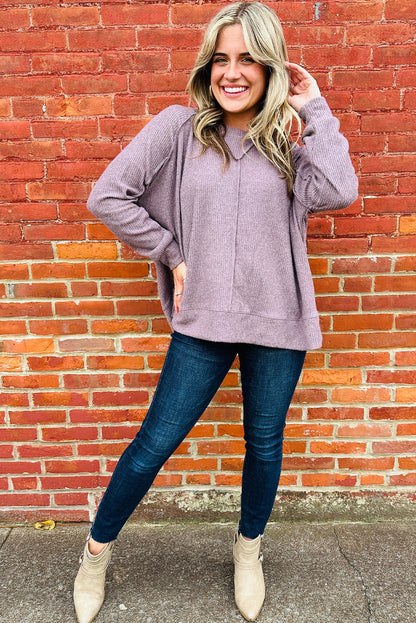 Orchid Petal Ribbed Knit Exposed Seam Detail Oversize Long Sleeve Top