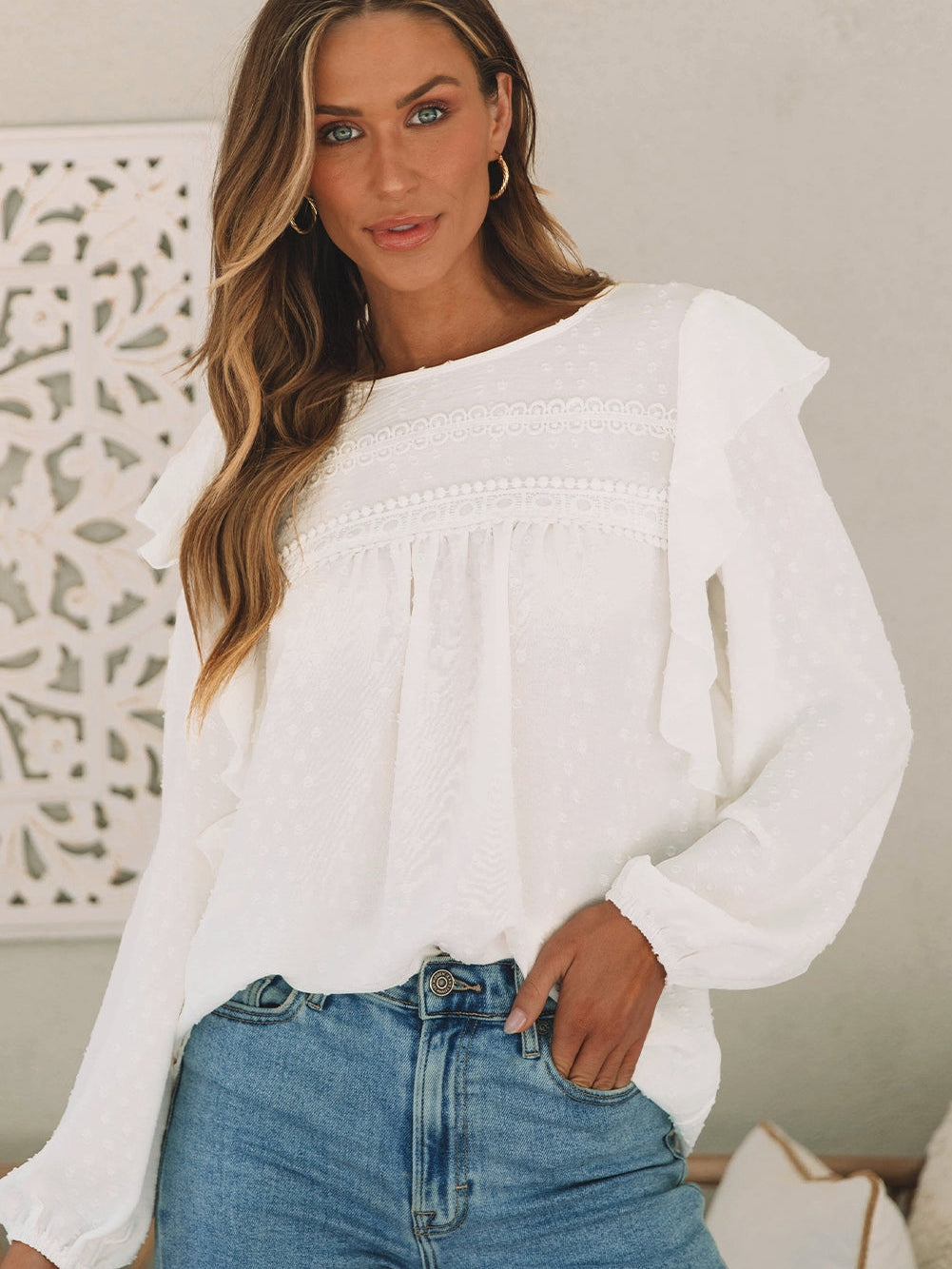 Elegant White Lace Eyelet Ruffle Sleeve Blouse