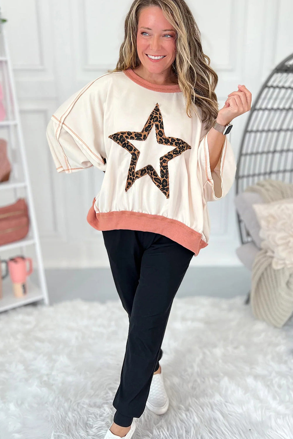 White Contrast Ribbed Exposed Seam Patchwork Leopard Star Oversize Top