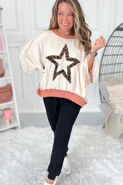 White Contrast Ribbed Exposed Seam Patchwork Leopard Star Oversize Top