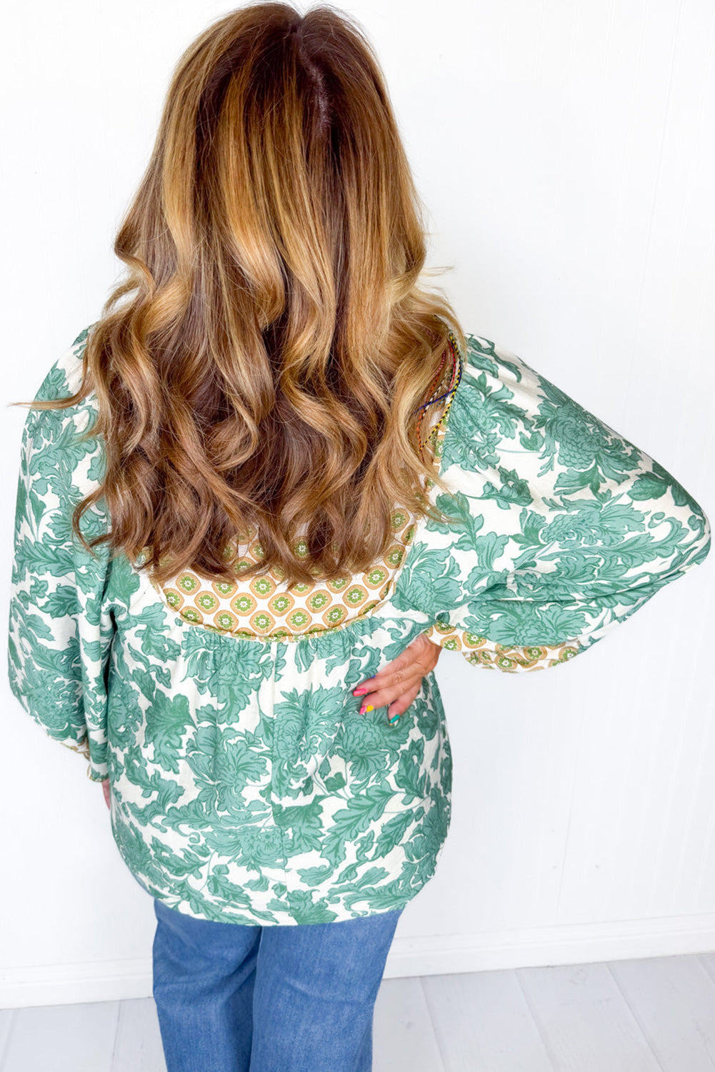 Green Plus Size Floral Print Mixed Patchwork Notched Neck Long Sleeve Blouse