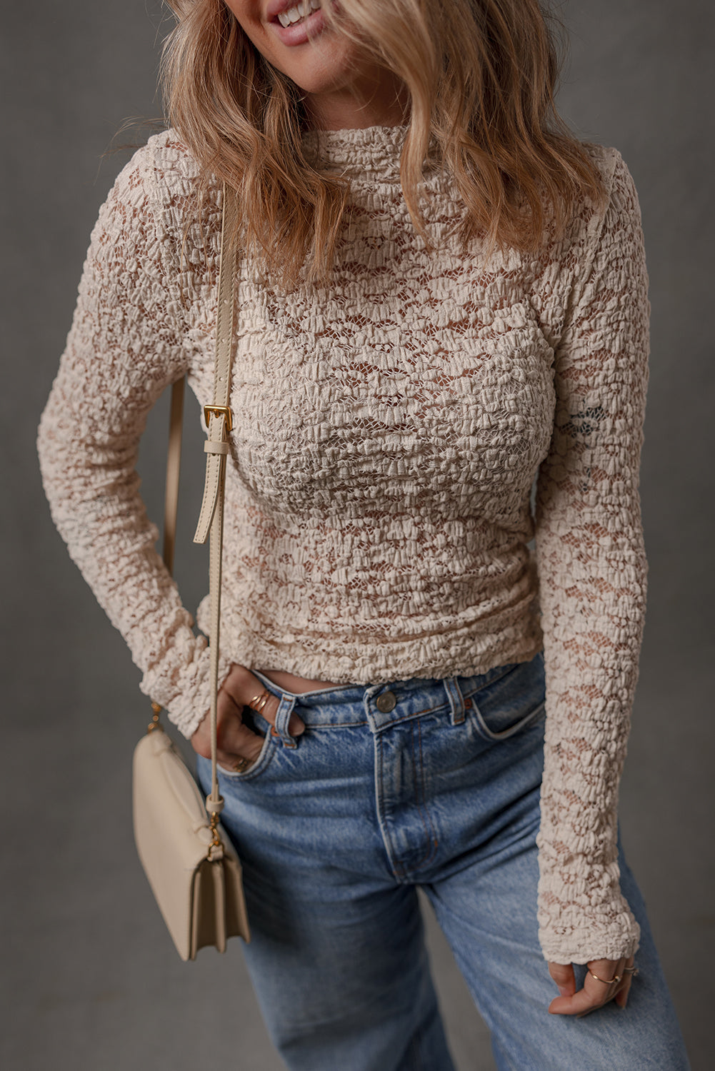 Jet Stream Lace Textured Mock Neck Long Sleeve Slim Top