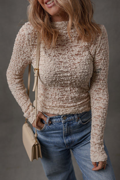 Jet Stream Lace Textured Mock Neck Long Sleeve Slim Top