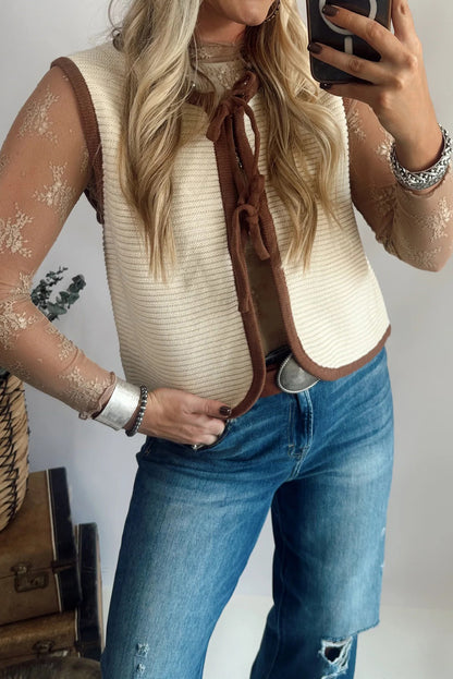 White Horizontal Ribbed Knit Contrast Trim Knot Front Sweater Vest