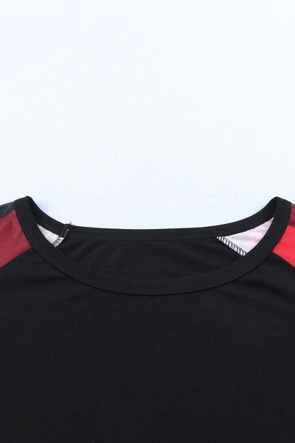 Elegant Black Off Shoulder Plaid & Leopard Long Sleeve Blouse