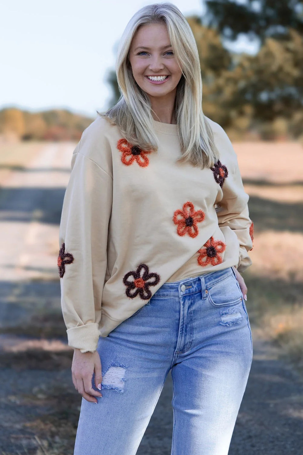 Jet Stream Tinsel Flower Decor Drop Shoulder Sweatshirt