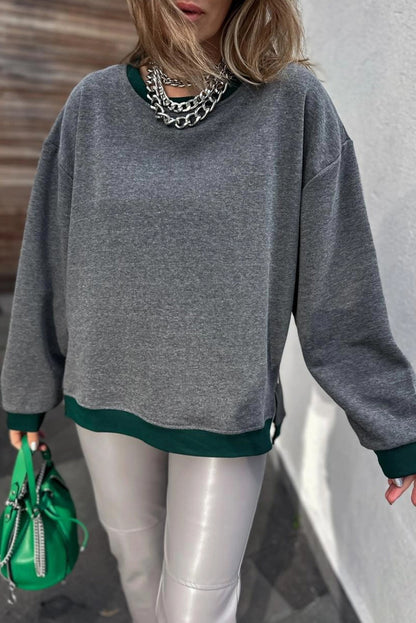 Medium Grey Contrast Trim Round Neck Zip Side Slit Baggy Sweatshirt