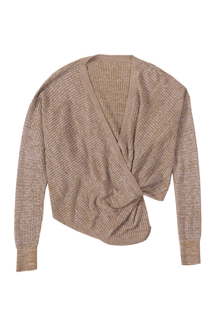 Khaki Reversible Wrap V Neck Waffle Knit Sweater