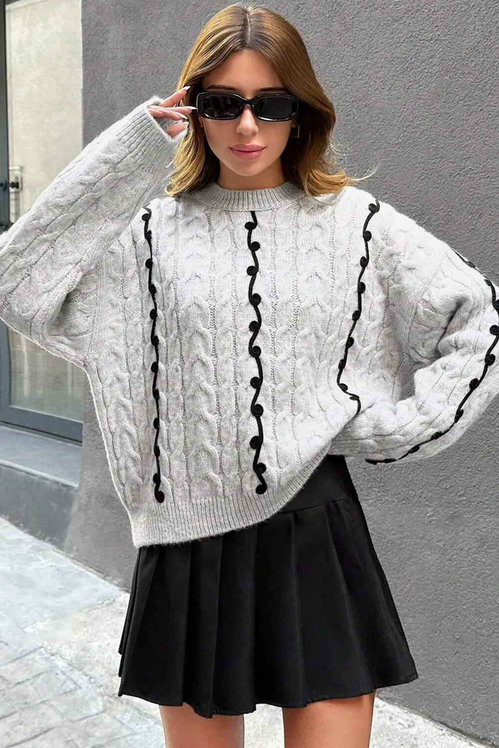 Light Grey Cable Knit Contrast Corded Detail Drop Shoulder Sweater