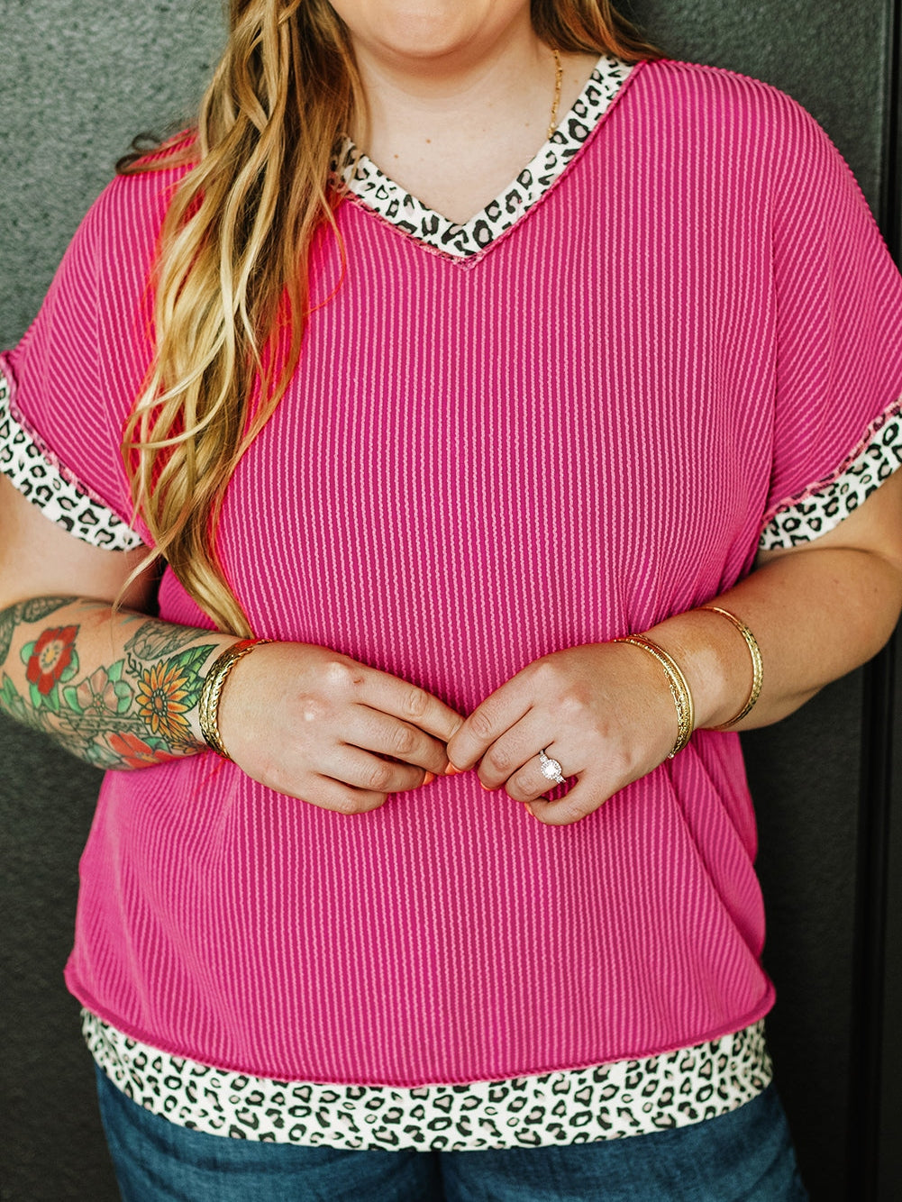 Rose Red Leopard Trim V Neck Short Sleeve Plus Size Corded Top