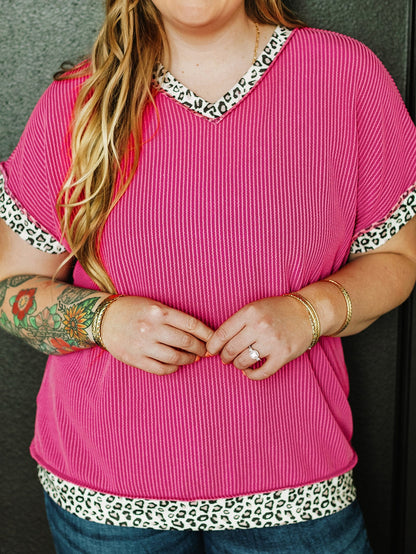 Rose Red Leopard Trim V Neck Short Sleeve Plus Size Corded Top