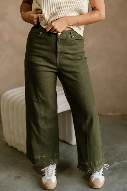 Four Leaf Clover Eyelet Embroidered Hem Detail High Waist Shift Jeans