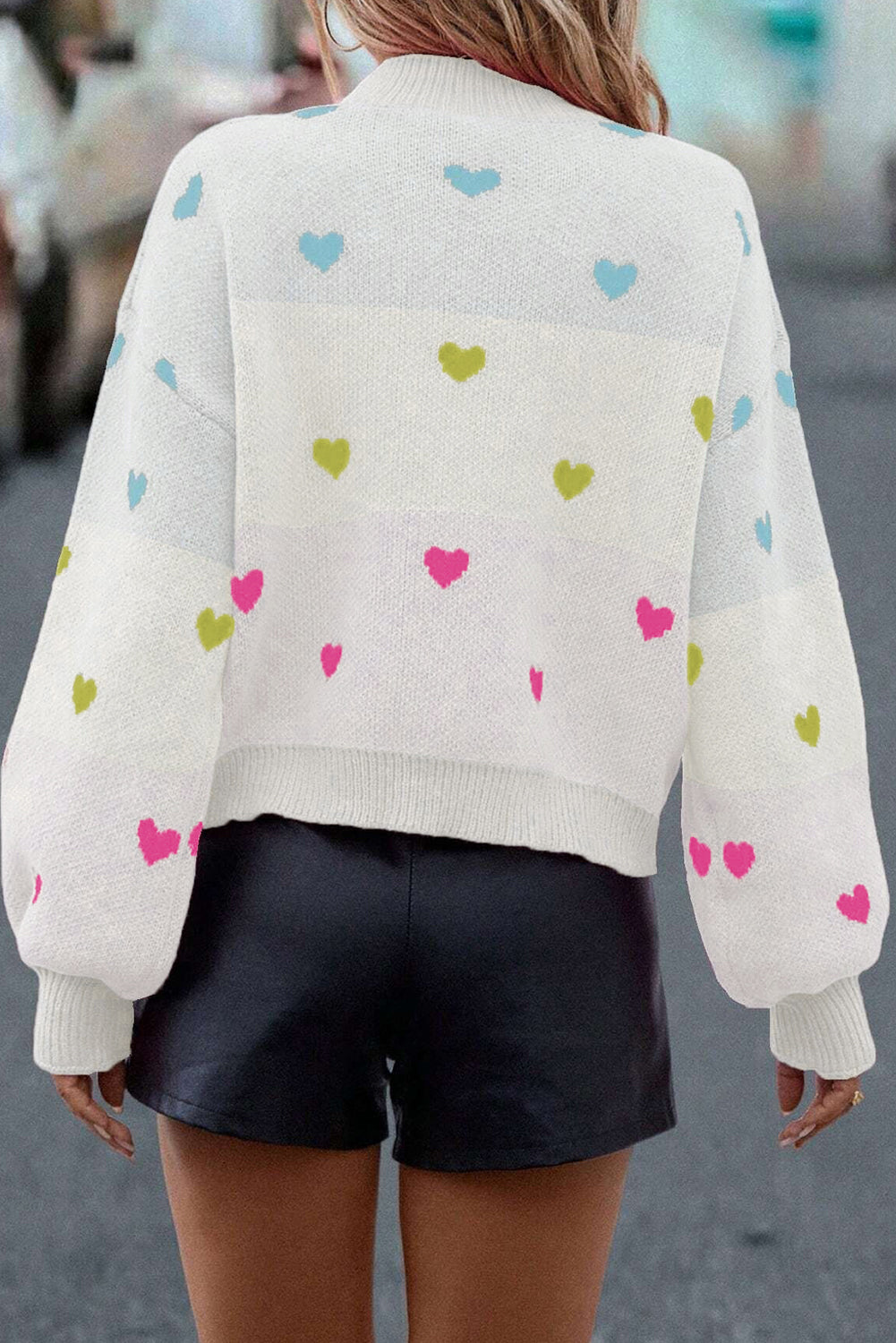 Multicolour Heart Pattern Colorblock Knit High Neck Baggy Sweater