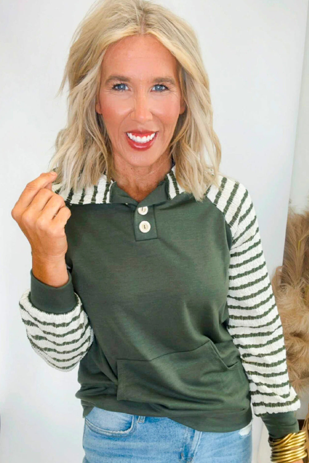 Mist Green Striped Contrast Patchwork Raglan Sleeve Kangaroo Pocket Hoodie