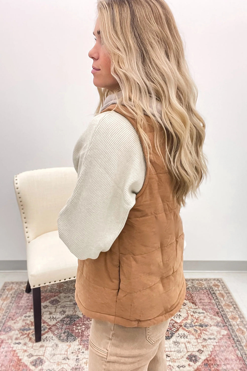 Buckskin Quilted Texture Color Block Hooded Patchwork Snap Button Vest