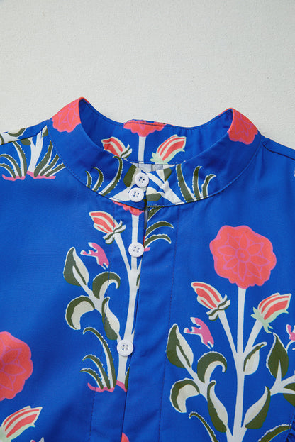 Blue Floral Print Button Detail 3/4 Puff Sleeve Ruffle Hem Dress