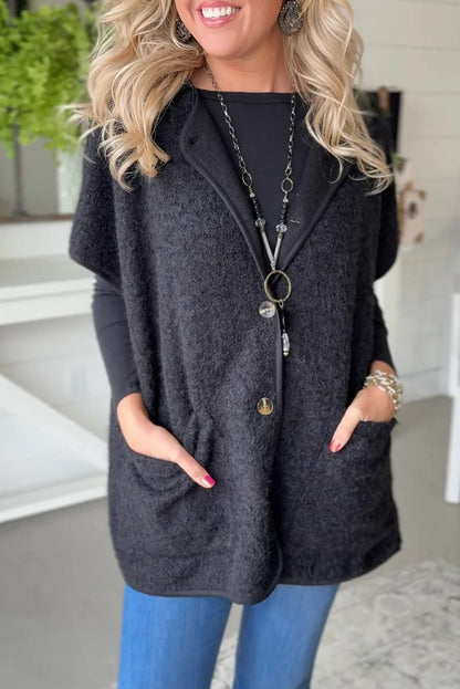 Black Short Sleeve Buttoned Front Loose Jacket Top