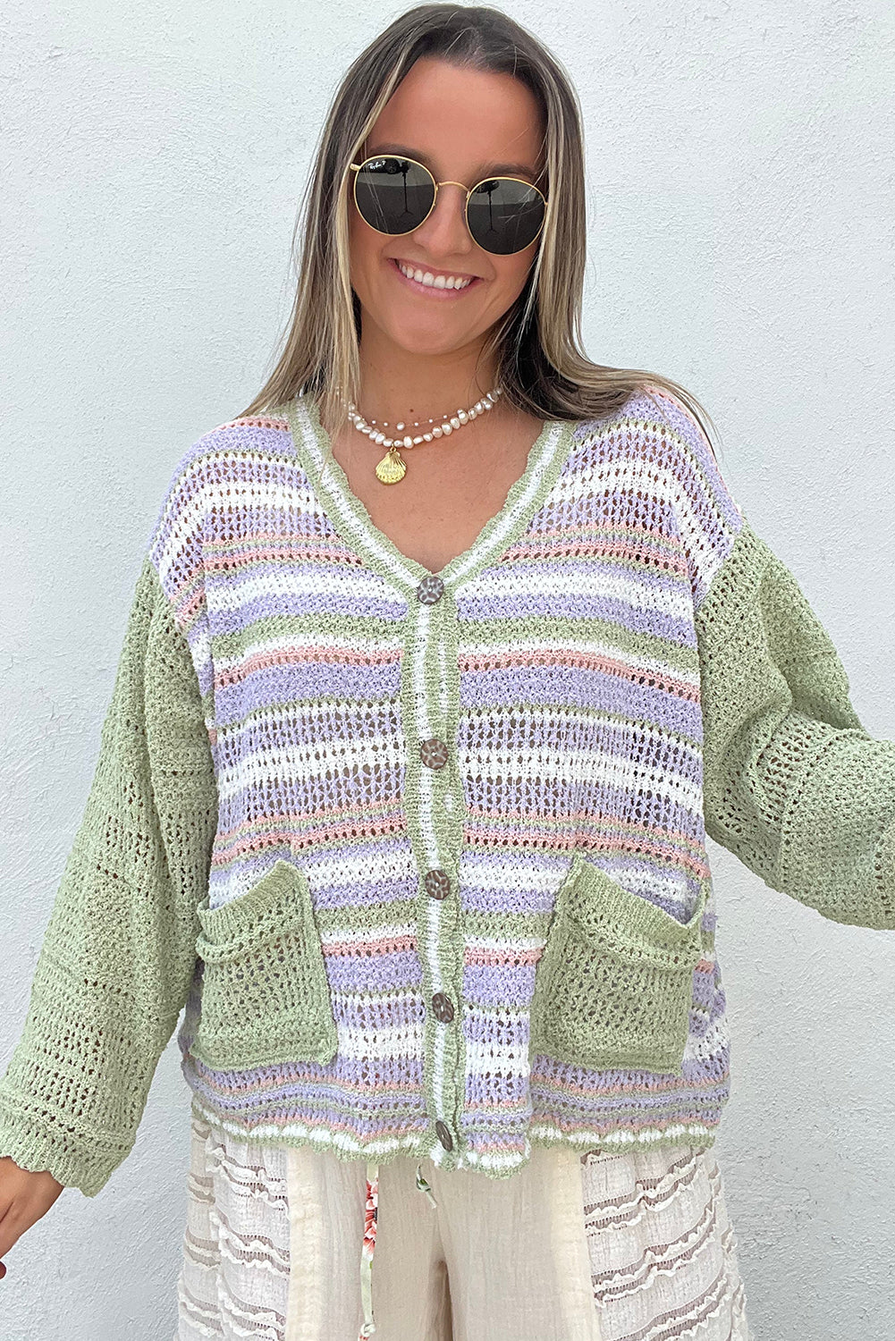 Multicolour Striped Knit Color Block Patch Pocket Button V Neck Cardigan