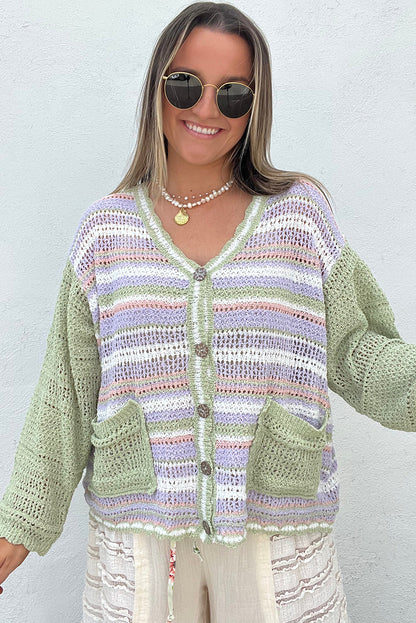 Multicolour Striped Knit Color Block Patch Pocket Button V Neck Cardigan